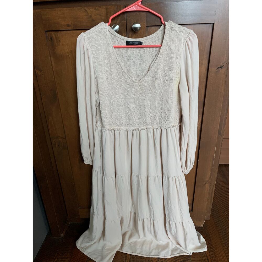 Merokeety Cream Smocked Bodice Tiered Midi Dress Long Sleeve V-Neck Size XL